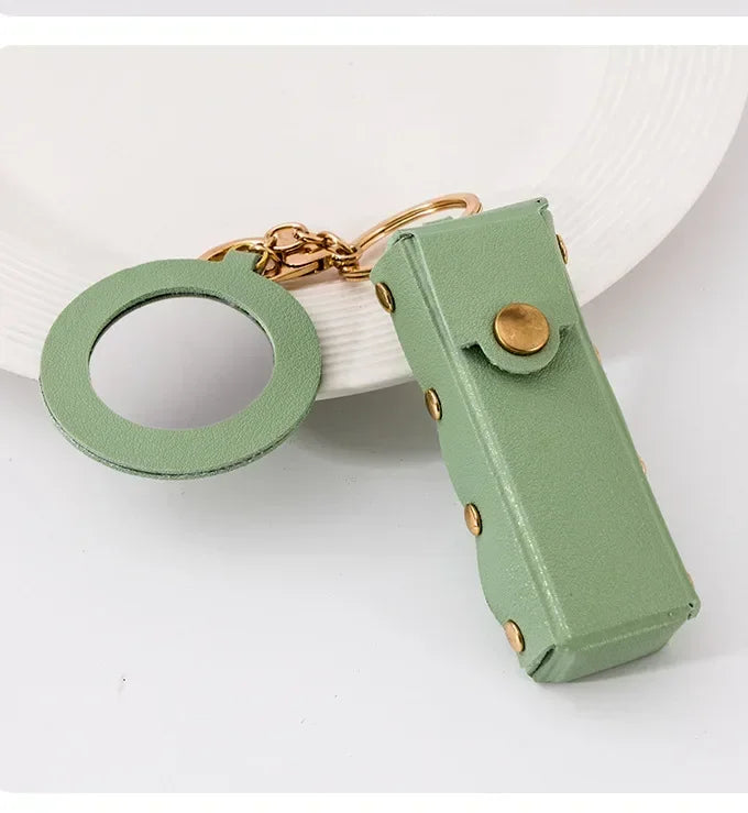 Custom Mini PU Leather Portable Keychain Lipstick Makeup Pouch Lip Balm Bag Keyring Creative Small Mirror Car Bag Hanging Gift