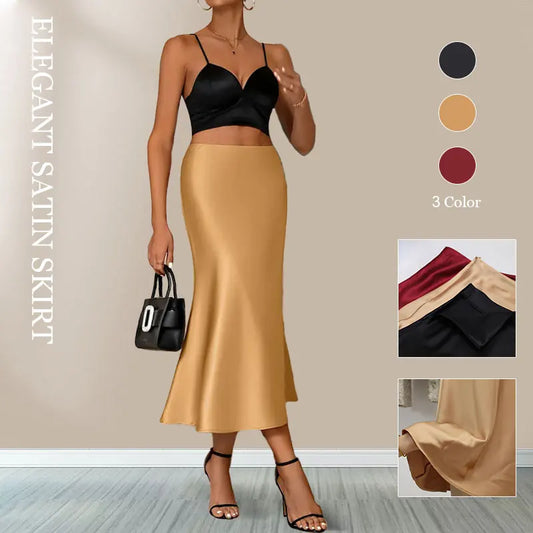 Women Satin Solid Pleated Midi Skirt Vintage Mid Elastic Waist Female Chic Lady Skirts Black Gold Red Satin Skort Beach A Line