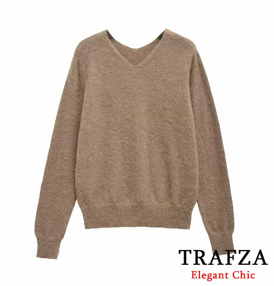 TRAFZA-Women Basic Pullover Sweater V-Neck Mocha Mousse Knitted Sweater New 2025 Fall Winter Minimalist Commuter Picnic Sweater