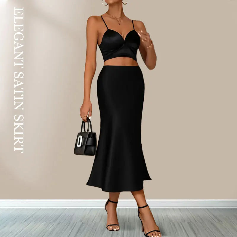 Women Satin Solid Pleated Midi Skirt Vintage Mid Elastic Waist Female Chic Lady Skirts Black Gold Red Satin Skort Beach A Line