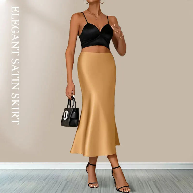 Women Satin Solid Pleated Midi Skirt Vintage Mid Elastic Waist Female Chic Lady Skirts Black Gold Red Satin Skort Beach A Line