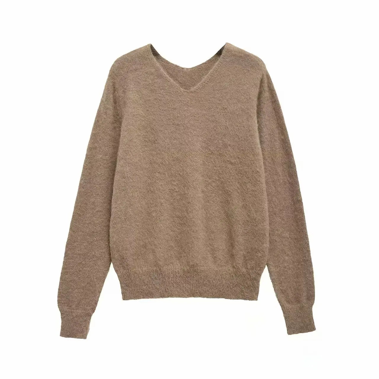 TRAFZA-Women Basic Pullover Sweater V-Neck Mocha Mousse Knitted Sweater New 2025 Fall Winter Minimalist Commuter Picnic Sweater