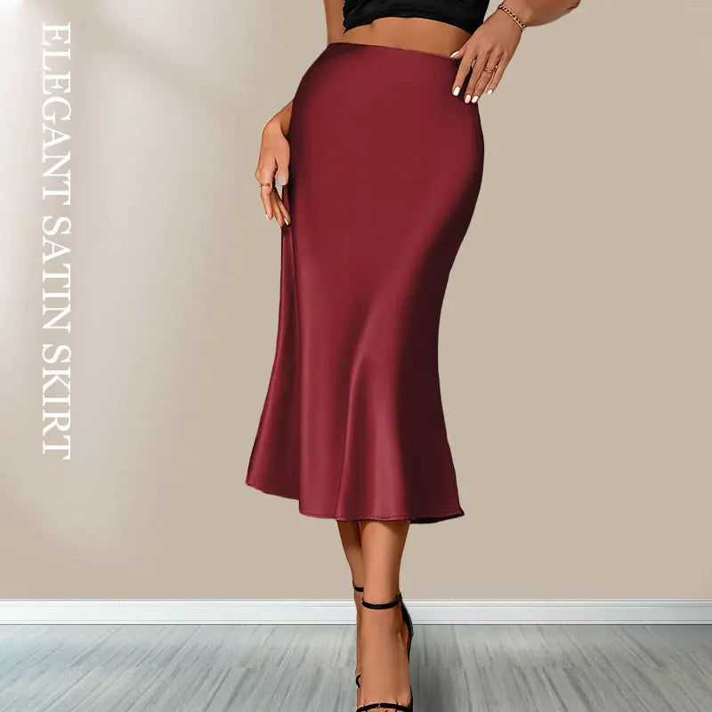 Women Satin Solid Pleated Midi Skirt Vintage Mid Elastic Waist Female Chic Lady Skirts Black Gold Red Satin Skort Beach A Line