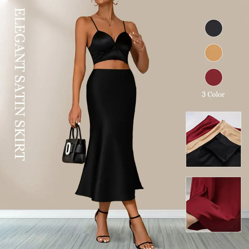 Women Satin Solid Pleated Midi Skirt Vintage Mid Elastic Waist Female Chic Lady Skirts Black Gold Red Satin Skort Beach A Line